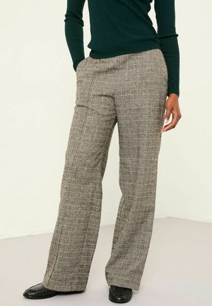 Plaid trousers in gray, beige, and orange tones; wide-leg design with a mid-rise waist. Paired with a dark green ribbed sweater and black shoes.