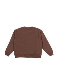 Felpa marrone a collo rotondo con polsini e orlo in costina, caratterizzata da una consistenza liscia e una vestibilità rilassata, senza motivi o loghi visibili.