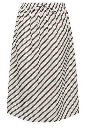 Witte rok met diagonale zwarte strepen, elastische tailleband en een strikdetail aan de voorkant.