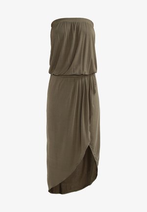 Olivgrön strapless maxiklänning med rynkad bodice och draperad front. Tillverkad av mjukt, texturerat tyg, med asymmetrisk fåll.