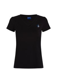 Tricou negru cu decolteu în V, fabricat din bumbac. Prezintă mâneci scurte și un logo albastru în partea stângă a pieptului. Textură netedă.