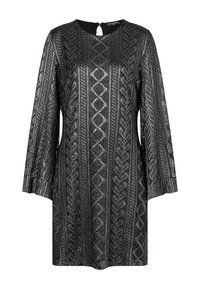 Schwarz, strukturiertes Kleid mit langen Ärmeln und rundem Ausschnitt. Verfügt über ein geometrisches Muster und eine Schlüsselloch-Öffnung im Rücken.