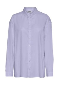 Camicia a maniche lunghe di colore viola chiaro realizzata in tessuto morbido. Presenta un colletto classico e una chiusura con bottoni lungo tutta la lunghezza con un leggero lucido.