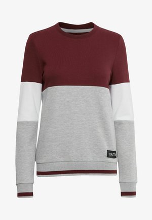 Bordeauxrot, grau und weiß gefärbter Farbblock-Sweatshirt mit rundem Ausschnitt, langen Ärmeln und gerippten Bündchen; verfügt über ein schwarzes Etikett am Saum.