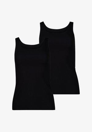 Zwei schlichte schwarze ärmellose Tanktops mit Rundhalsausschnitt, flach auf weißem Hintergrund dargestellt.
