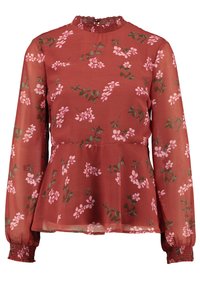 Rusten rød langærmet bluse med pink blomstermønster, høj flæsekrave, elastiske manchetter og peplum-kant.