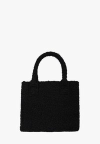 Zwart rechthoekige handtas met korte handvatten, gemaakt van gestructureerde, krullende stof, op een effen witte achtergrond.