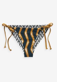 Bikini alavartalo sitomalla sivuista, jossa tummansininen pohja, geometrisia kuvioita valkoisena ja kullassa, sekä sileä kangaslaatu.
