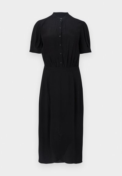 Black midi dress made of lightweight fabric, featuring short puff sleeves, a button-up front, and a gathered waist with subtle embellishments.