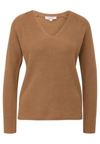 Pull en tricot marron avec un col en V, des manches longues et une texture côtelée, offrant une coupe décontractée et des détails subtils aux épaules.