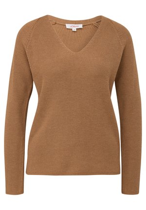 Ruskea neulotun villapaita, jossa on V-pääntie, pitkät hihat ja ribbitettu pinta, mukautuu rentoon istuvuuteen ja siinä on hienovaraisia yksityiskohtia olkapäissä.