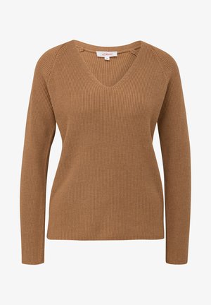 Ruskea neulotun villapaita, jossa on V-pääntie, pitkät hihat ja ribbitettu pinta, mukautuu rentoon istuvuuteen ja siinä on hienovaraisia yksityiskohtia olkapäissä.