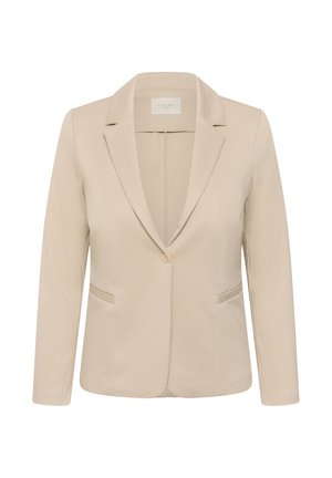Beiger, maßgeschneiderter Damenblazer mit Reverskragen, einreihiger Knopfleiste und zwei vorderen Leistentaschen.