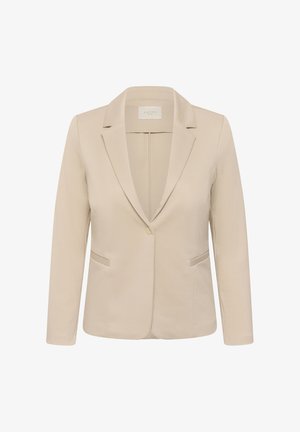 Blazer bej pentru femei, croială ajustată, cu rever suprapus, nasture simplu și două buzunare frontale tip fante.