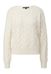 Pull en tricot blanc avec un col rond, des manches longues et un ourlet côtelé. Fabriqué à partir d'un matériau en tricot doux et texturé.
