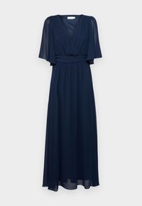Marinblå maxi-klänning med omslagsdesign, korta volangärmar och midjereså. Tillverkad av lätt, flödande tyg.