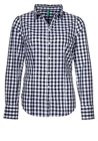Marinblå och vit rutmönstrad skjorta med knappar och långa ärmar, krage, frontplacket och knappärmar i bomullsmaterial.