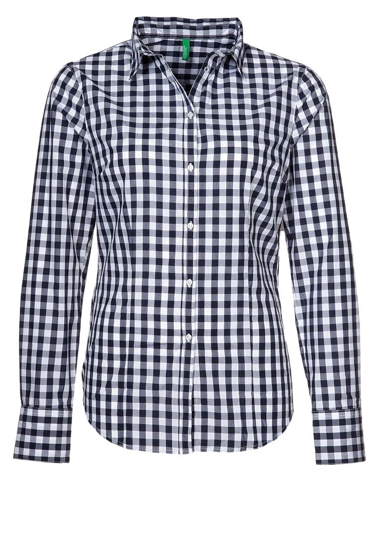 Marinblå och vit rutmönstrad skjorta med knappar och långa ärmar, krage, frontplacket och knappärmar i bomullsmaterial.