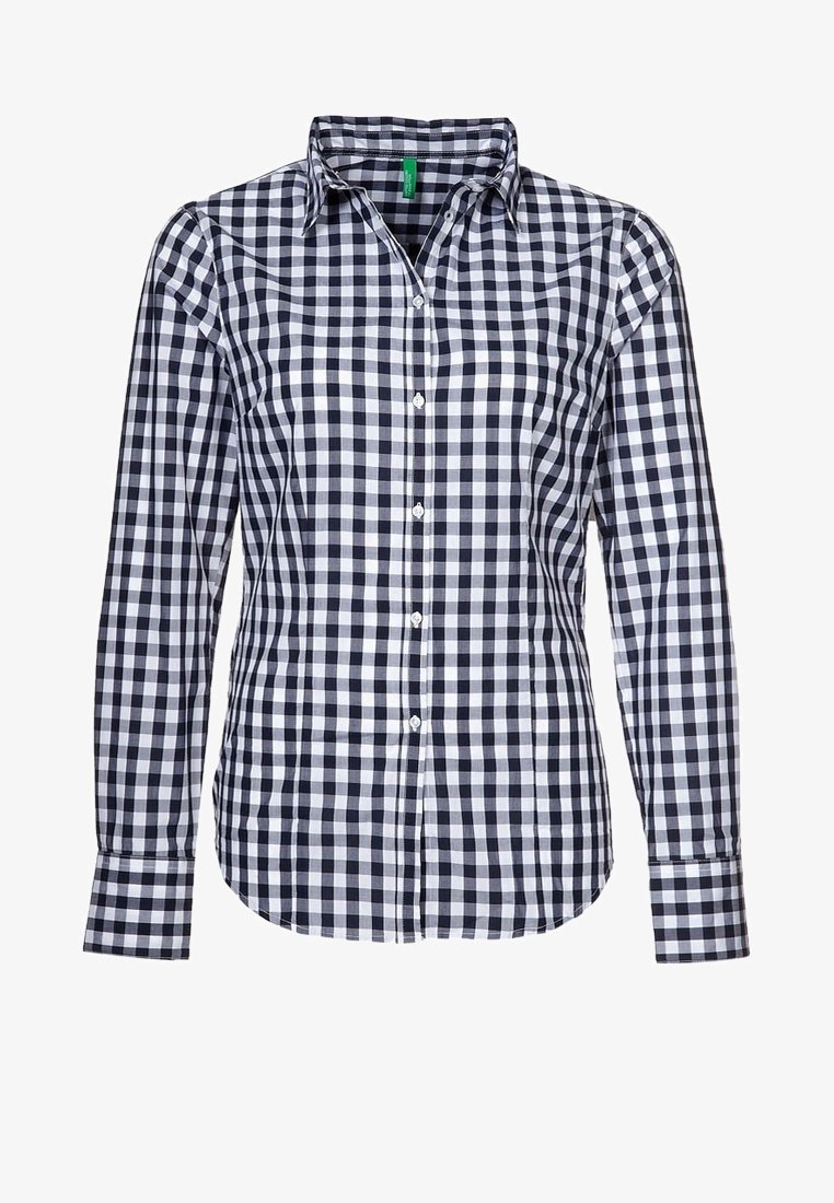 Marinblå och vit rutmönstrad skjorta med knappar och långa ärmar, krage, frontplacket och knappärmar i bomullsmaterial.