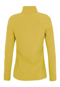 Giacca in pile di colore giallo brillante; presenta un colletto alto, maniche lunghe e una superficie liscia. Vista posteriore, senza hardware visibile o pattern.