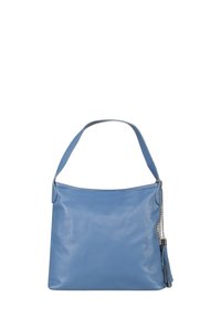 Lichtblauwe leren handtas met een zachte textuur, een enkele schouderband en een kwastje dat is bevestigd aan een zilveren ketting.