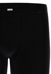 Boxer briefs neri con un sottile motivo a rete grigia. Tessuto liscio con cintura elastica e etichetta con il marchio sulla parte anteriore.