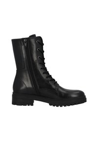 Las botas de cuero negro con cordones cuentan con una cremallera lateral, suela de goma gruesa y una textura suave con sutiles detalles de costura.