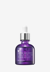 Lila glasdropperflaska med silverlock, med vit text: "Original Skin Energy Collagen 100," som indikerar anti-rynkor fördelar.