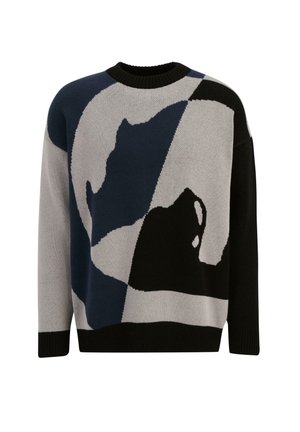 Knit sweater featuring a geometric design in navy blue, gray, and black. Round neckline, long sleeves, and soft texture with cat motifs.
