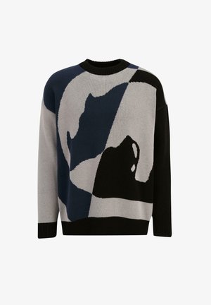 Striktrøje med et geometrisk design i marineblå, grå og sort. Rund halsudskæring, lange ærmer og blød tekstur med kattemotiver.