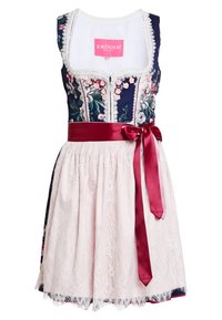Sukienka dirndl w kwiatowy wzór z dopasowanym ciemnoniebieskim gorsetem, białą koronkową lamówką oraz różową spódnicą akcentowaną bordową satynową wstążką.