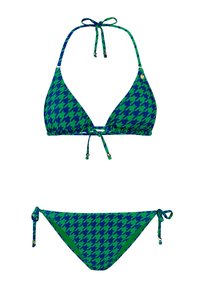 Zeleno-modrý bikiny set s vzorom houndstooth, trojuholníkový top s viazaním a klasické spodky s bočnými viazaniami.
