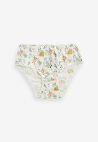 Witte katoenen ondergoed met een bloemen- en karakterprint, voorzien van kleurrijke ontwerpen in lichtgroen, perzik en geel. Elastische tailleband.