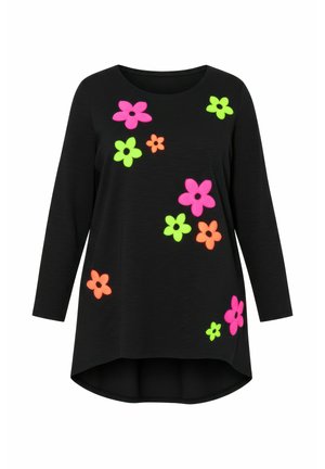Schwarzes langärmeliges Oberteil mit mehrfarbigen, filzartigen Blumenapplikationen in Pink, Grün und Orange. Abgerundeter Saum mit lockerer Passform.