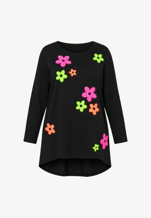 Schwarzes langärmeliges Oberteil mit mehrfarbigen, filzartigen Blumenapplikationen in Pink, Grün und Orange. Abgerundeter Saum mit lockerer Passform.