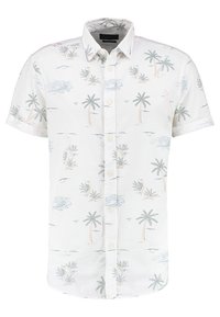 Kurzärmeliges, weißes Hemd mit Knopfleiste und einem tropischen Muster aus Palmen, Wellen und Surfbrettern in Pastellfarben. Baumwollstoff.