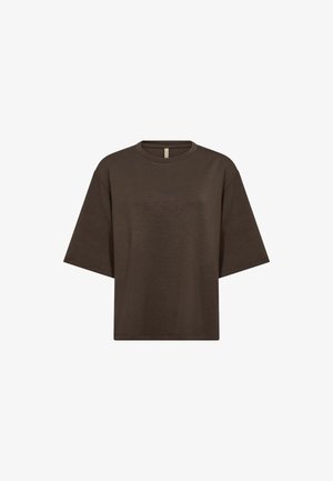Rjava prevelika majica iz mehke tkanine, z okroglim vratom, kratkimi rokavi in preprosto čisto zasnovo brez vidnih vzorcev.