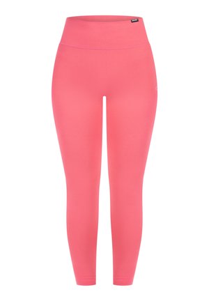 Rosa Leggings aus dehnbarem Material mit hohem Bund. Glatte Textur und keine sichtbaren Muster oder Hardwaredetails.