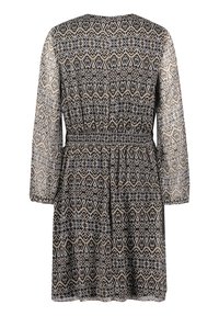 Schwarz-braun gemustertes Kleid mit langen transparenten Ärmeln, tailliertem Bund und geometrischem Druck, runder Ausschnitt und lockere Passform.