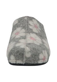 Gray felt slipper with a floral design featuring white flowers and pink accents. Rounded shape, soft texture, and black sole.
