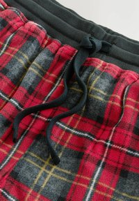 Pantalons en polaire à carreaux rouges et gris avec une taille élastique noire et un cordon de serrage. Présentent une texture douce et un motif à carreaux géométriques.