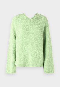 Pull vert texturé avec encolure en V et manches longues. Fabriqué dans un matériau doux et pelucheux. Design simple, sans motifs ni accents.