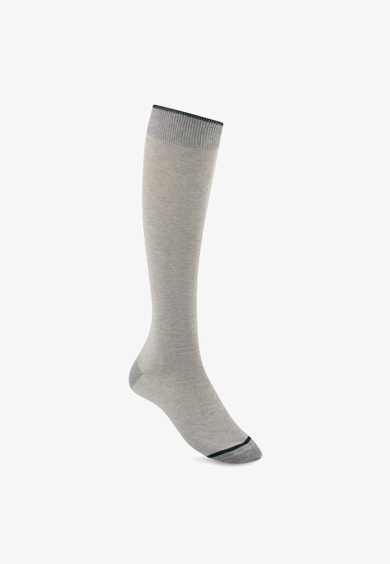 Chaussette haute gris clair avec talon et pointe gris foncé, et une bordure vert foncé en haut et sur le bord de la pointe sur fond blanc.