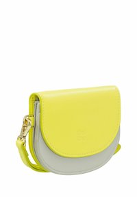 Yellow and grey leather wallet with a curved flap, gold hardware, and a detachable strap. Textured surfaces and clean stitching details.