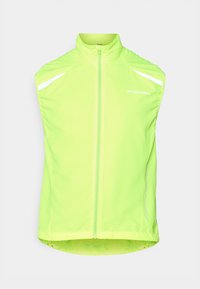 Neon yellow sleeveless cycling vest made of lightweight material, featuring a full zipper and reflective accents on shoulders for visibility.
