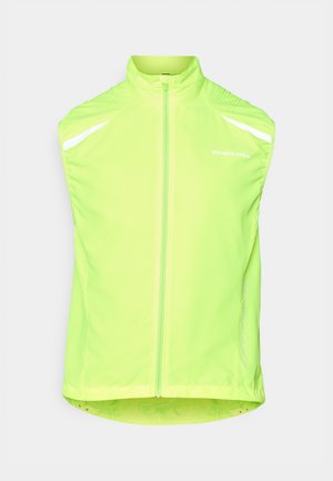 Neongele mouwloze fietsvest van lichtgewicht materiaal, voorzien van een volledige rits en reflecterende accenten op de schouders voor zichtbaarheid.