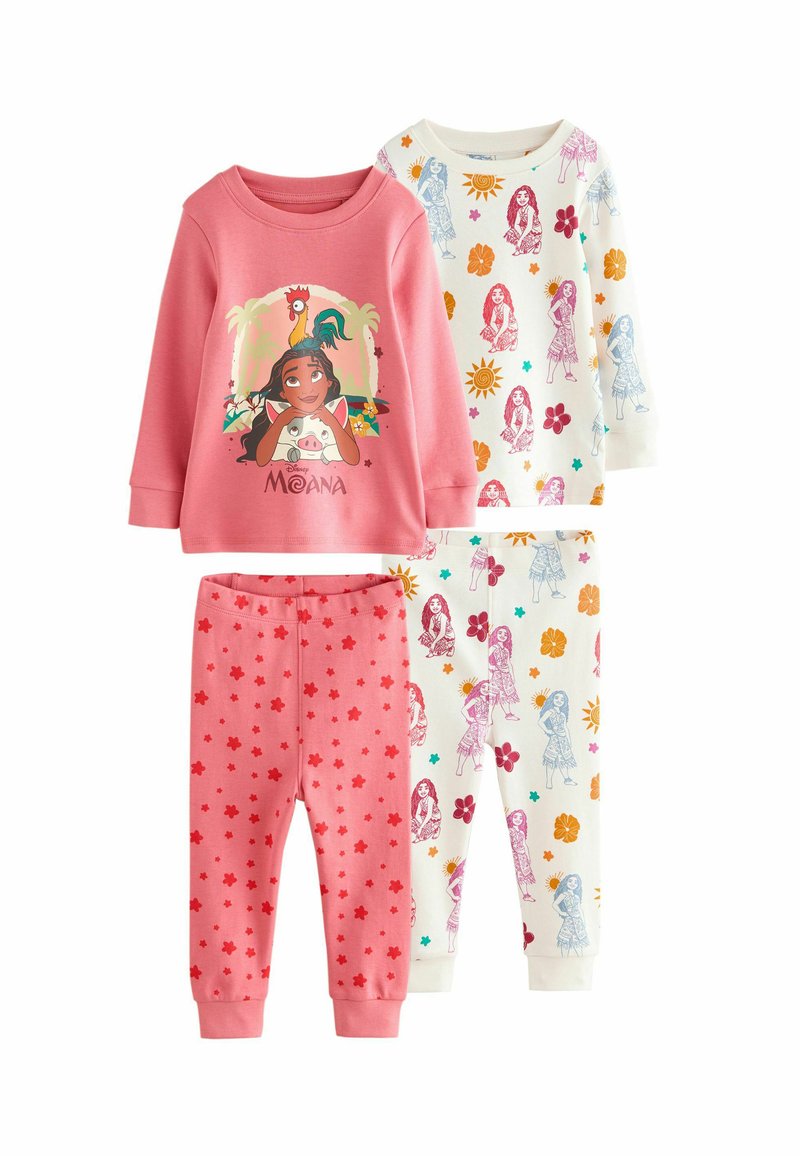 Zwei Sätze Kinderpyjamas. Der eine hat ein pinkes Oberteil mit einem Moana- Grafik; der andere hat ein gemustertes weißes Oberteil und pinke Hosen mit Sternen.