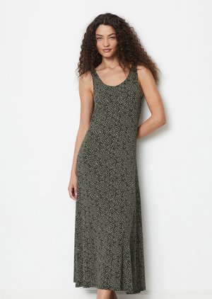 Abito maxi senza maniche nero e beige con un design decorato, caratterizzato da un collo arrotondato e un orlo svasato. Tessuto morbido e leggero.