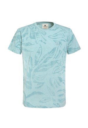 Hellblaues T-Shirt aus Baumwolle mit einem strukturierten, abstrakten Muster. Hat einen runden Halsausschnitt und kurze Ärmel. Markenlabel auf der Vorderseite.