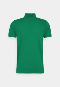 Polo vert à manches courtes vu de dos, avec un col côtelé et des manches ourlées sur un fond uni.